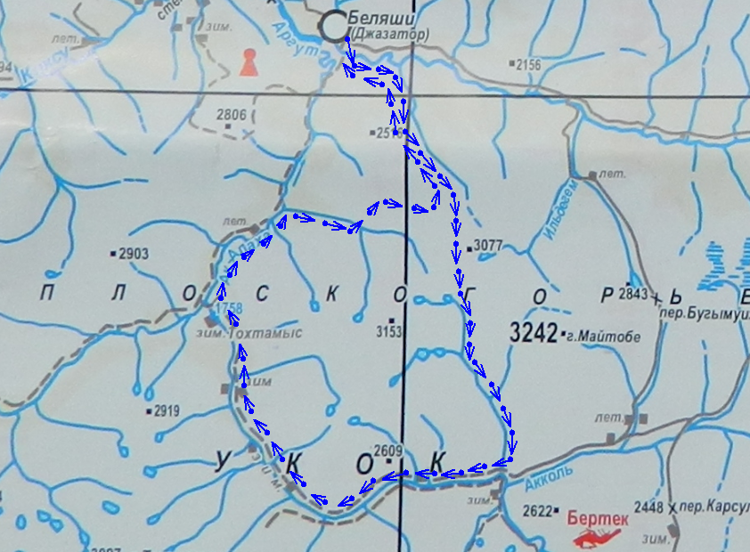 Карта Горного Алтая - Плоскогорье Укок - маршрут